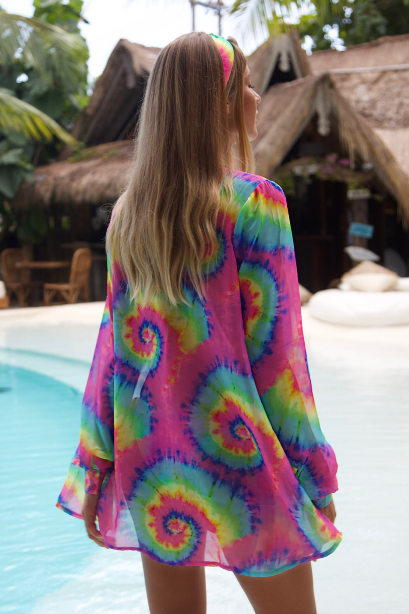 Chasing Sunsets 'Summer Solstice' Rainbow Tie Dye Chiffon Beach Shirt