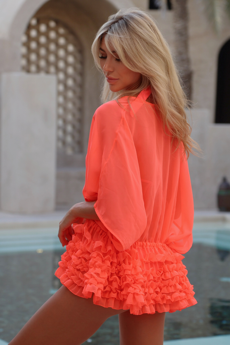 'Coral' Chiffon Short Ruffle Kaftan