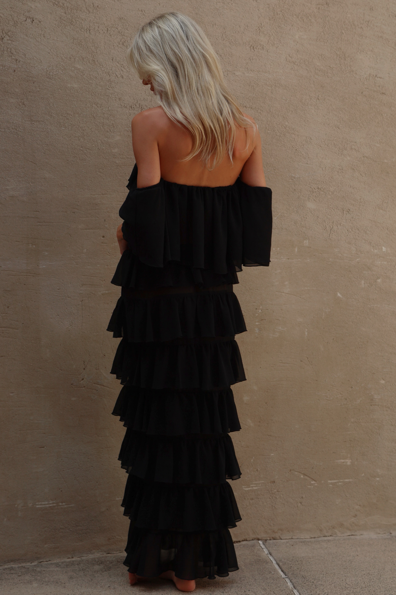 'Black' Chiffon Ruffle Off-The-Shoulder Top & Skirt Set