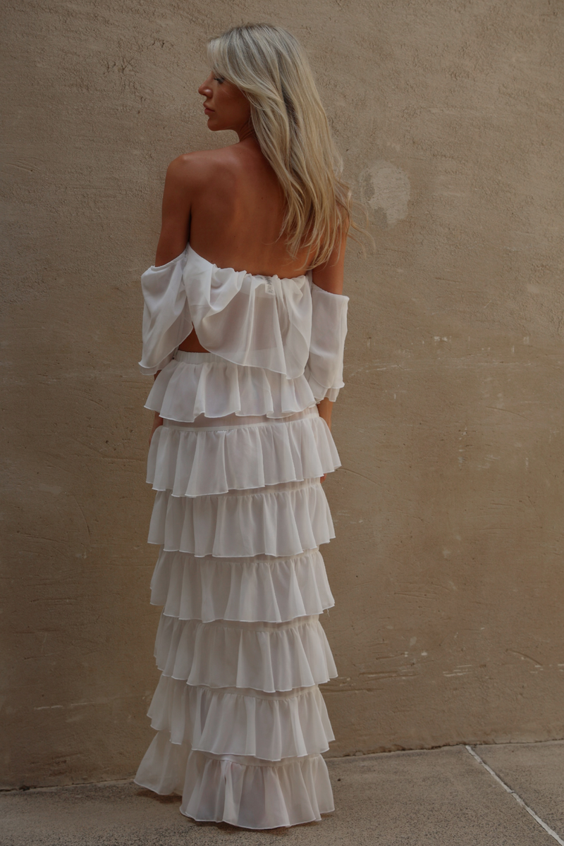 'White' Chiffon Ruffle Off-The-Shoulder Top & Skirt Set